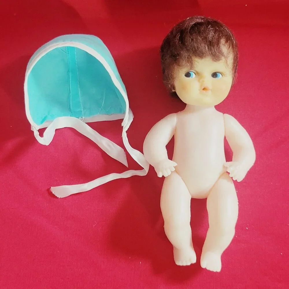 Vintage Collectible Doll Rooted Brown Hair Blue Eyes Blue White Bonnet